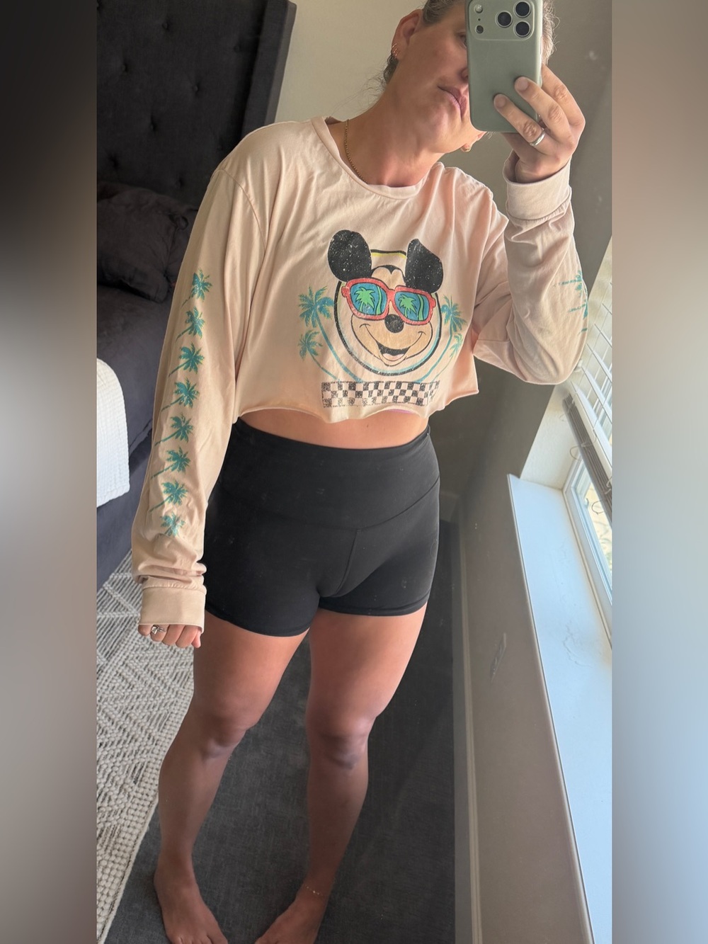 Disney Reworked Mickey Mouse Tropical Crop Top Peach Long Sleeve XL